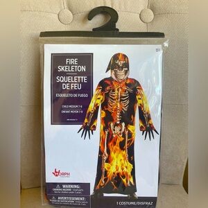 Child Size Medium (7-9) Fire Skeleton Halloween Costume With Robe & Mask NEW